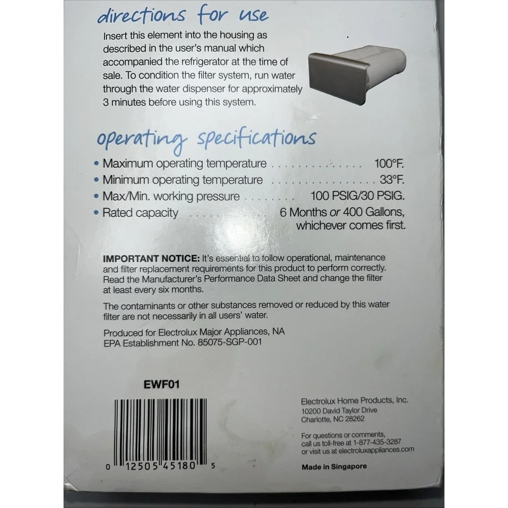 Brand New Sealed Electrolux EWF01 Pure‎ Advantage Refrigerator Water Filter